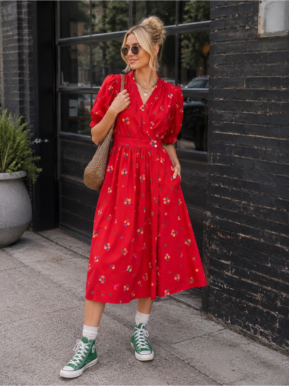 Liz Claiborne Vintage 90s Red Floral Dot Midi Dress